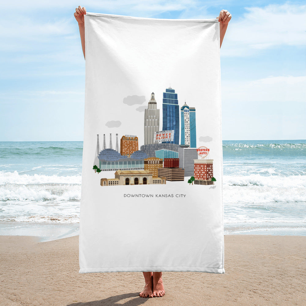 kansas city missouri skyline downtown cityscape illustration artwork, beach towel, pool accessories lindsey kay collective